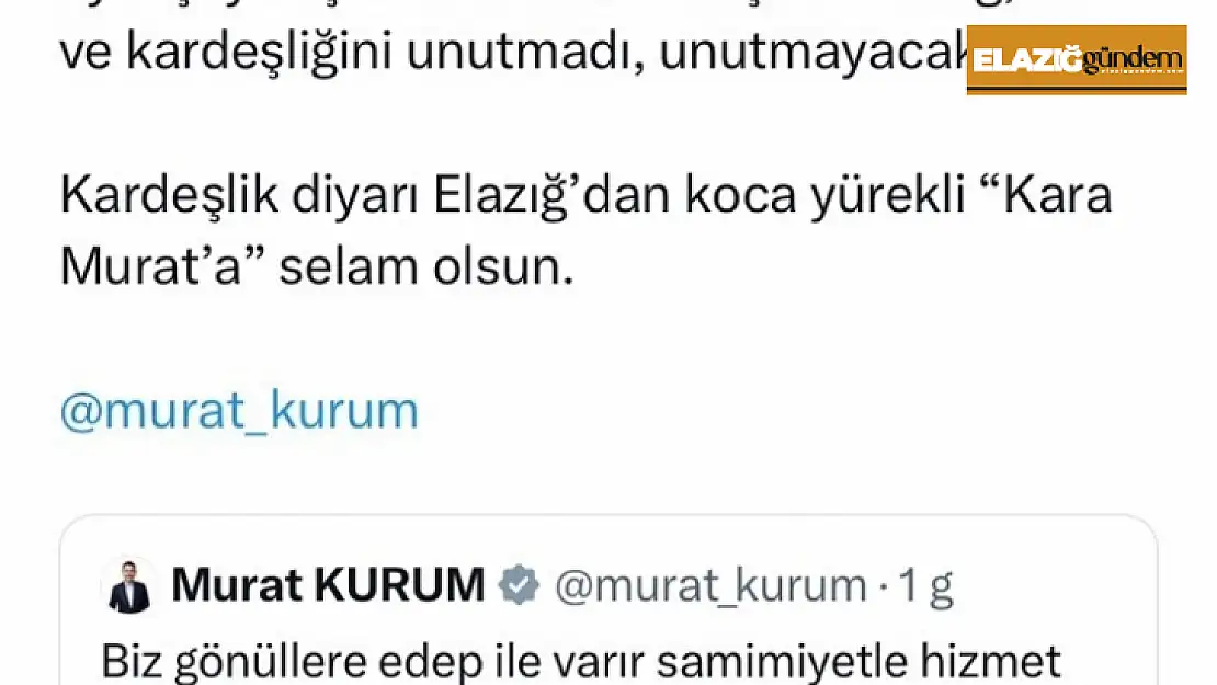 Başkan Şerifoğulları'ndan Murat Kurum'a: 'Elazığ'dan koca yürekli Kara Murat'a selam olsun'