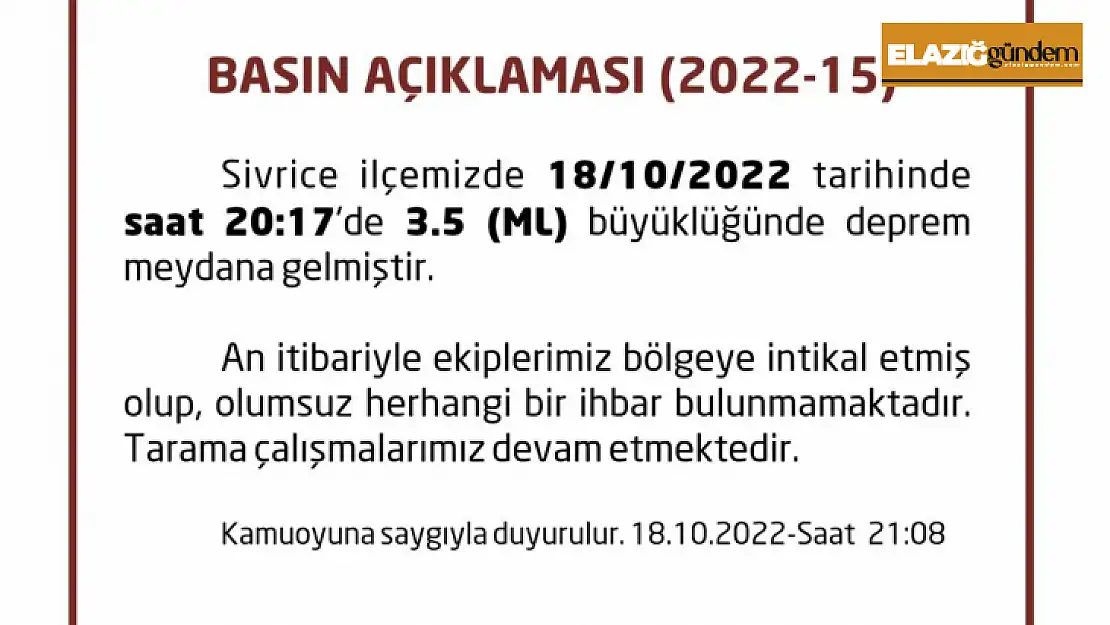 Elazığ'da 3.5 büyüklüğünde deprem