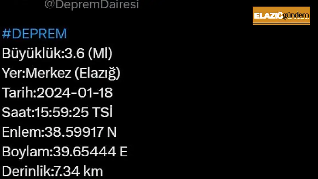 Elazığ'da 3.6 büyüklüğünde deprem