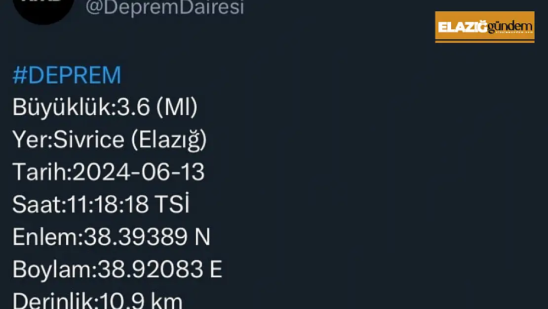 Elazığ'da 3.6 büyüklüğünde deprem