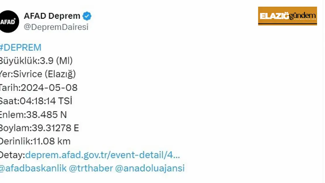 Elazığ'da 3.9 büyüklüğünde deprem