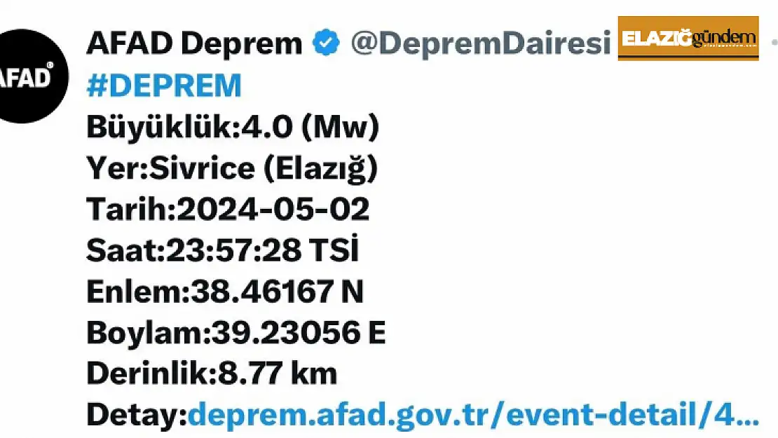 Elazığ'da 4.0 büyüklüğünde deprem