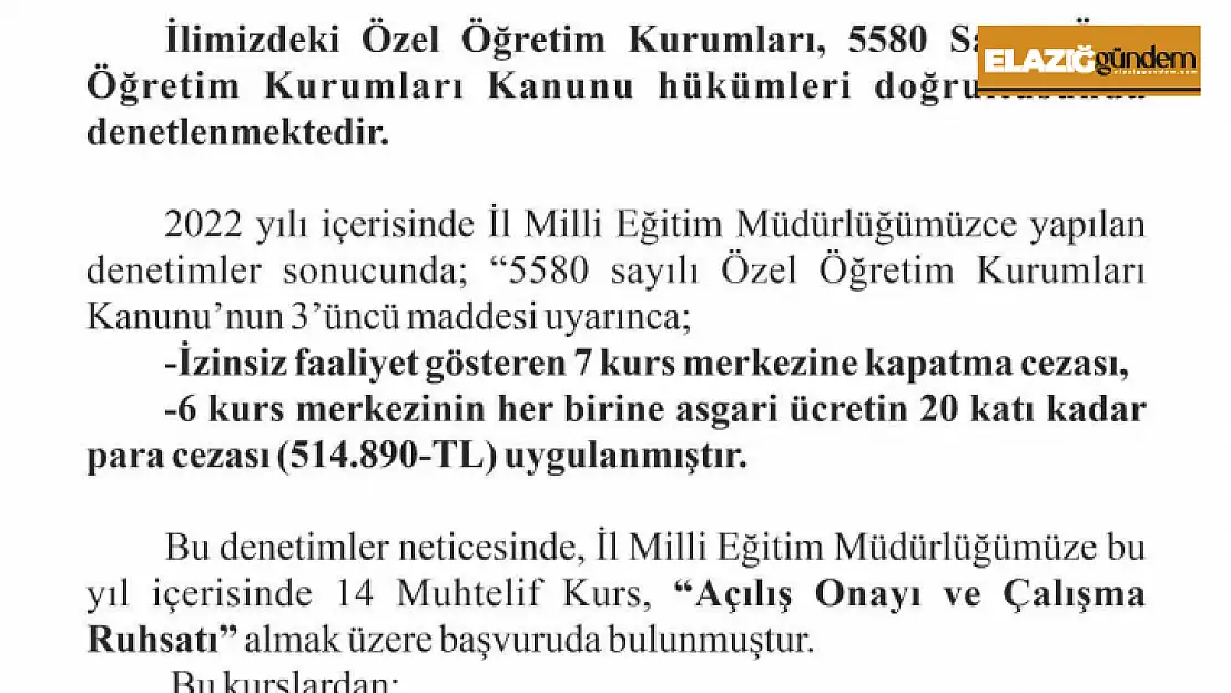 Elazığ'da 7 kurs merkezine kapatma cezası verildi