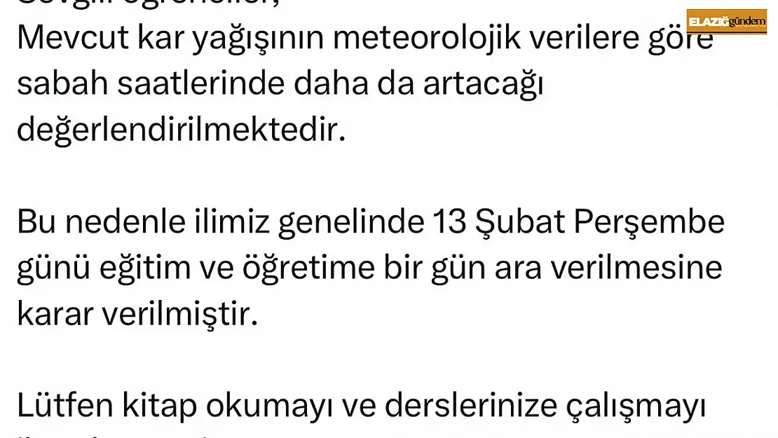 Elazığ'da eğitime 1 gün ara verildi