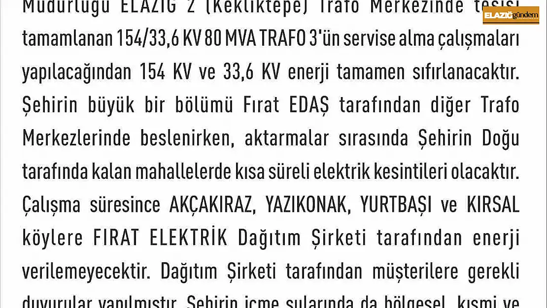 Elazığ'da elektrik kesintisi yaşanacak