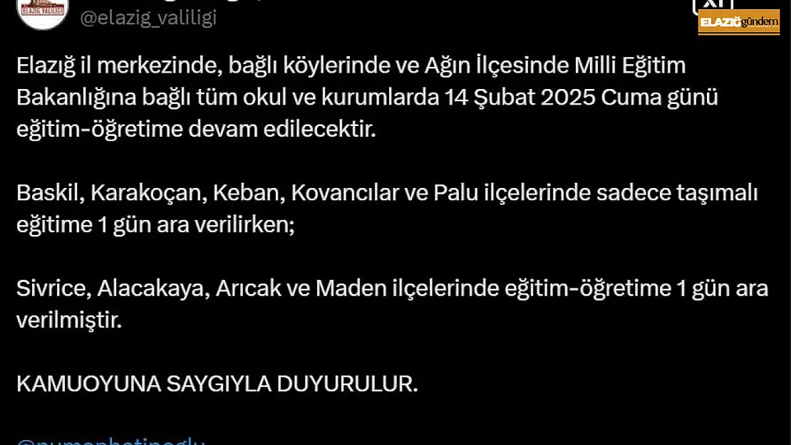 Elazığ'ın 4 ilçesinde eğitime ara verildi