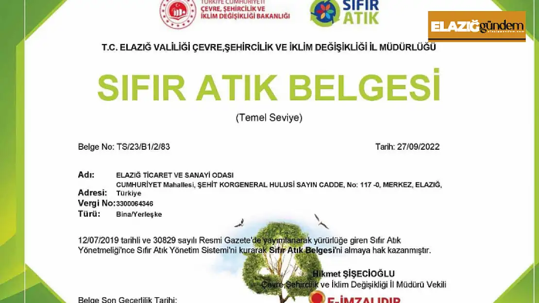 Elazığ TSO 'Sıfır Atık Belgesi' aldı