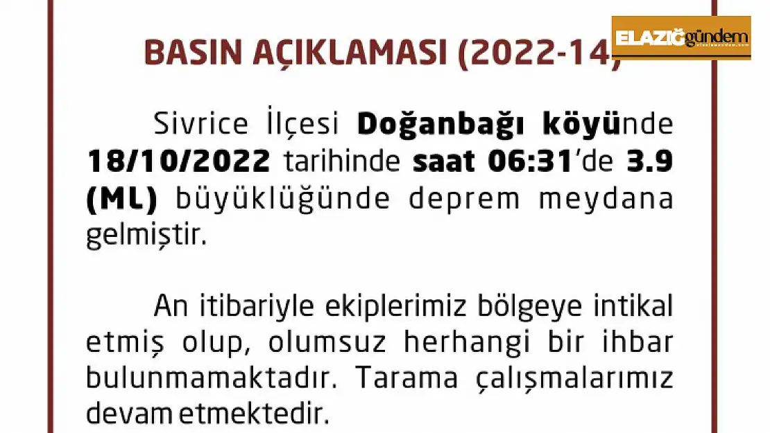 Elazığ Valiliğinden deprem açıklaması, 'Olumsuz herhangi bir ihbar bulunmamaktadır'