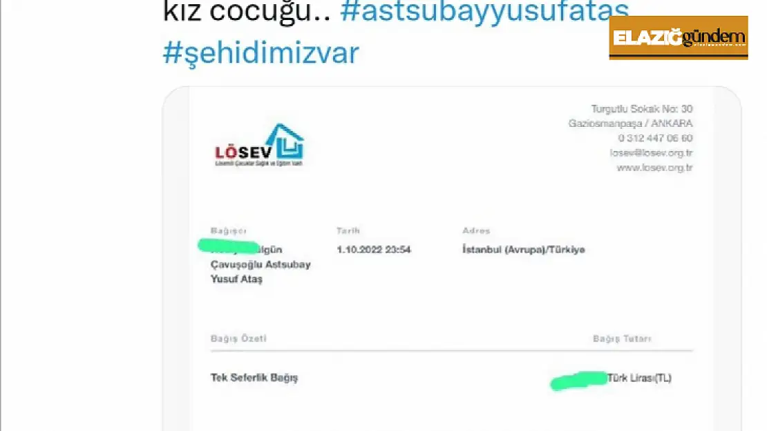 Elazığlı şehidin vasiyeti üzerine LÖSEV'e bağış yağdı