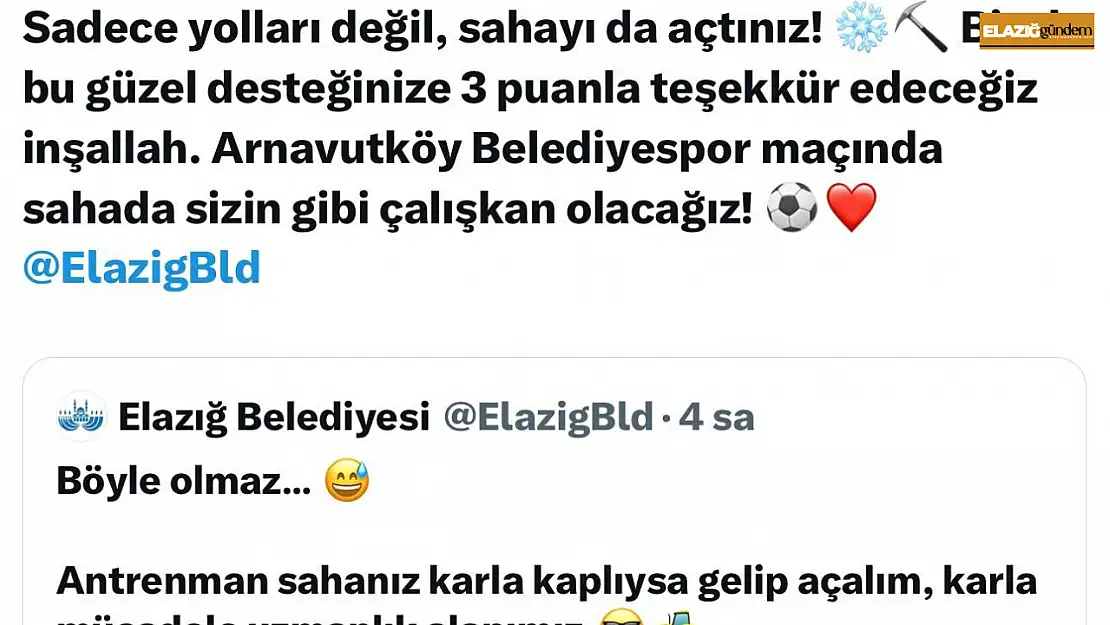 Elazığspor ve belediye arasındaki kar mizahı sosyal medyada ilgi gördü