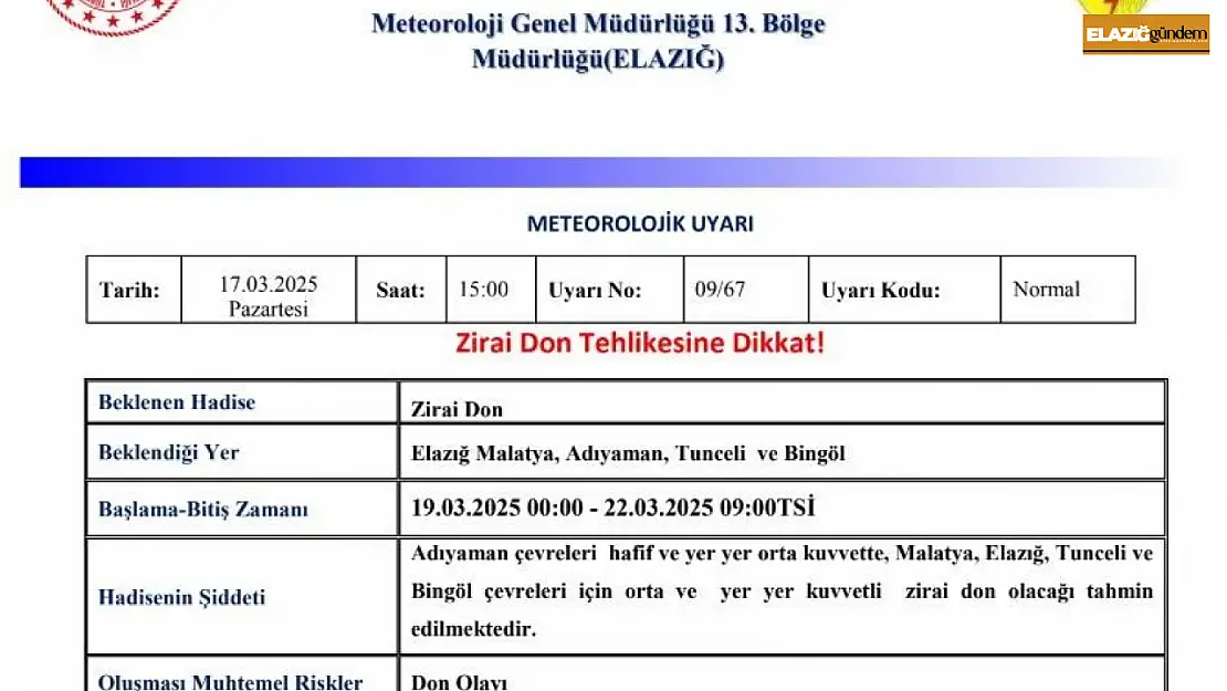 Meteorolojiden 5 il için zirai don uyarısı