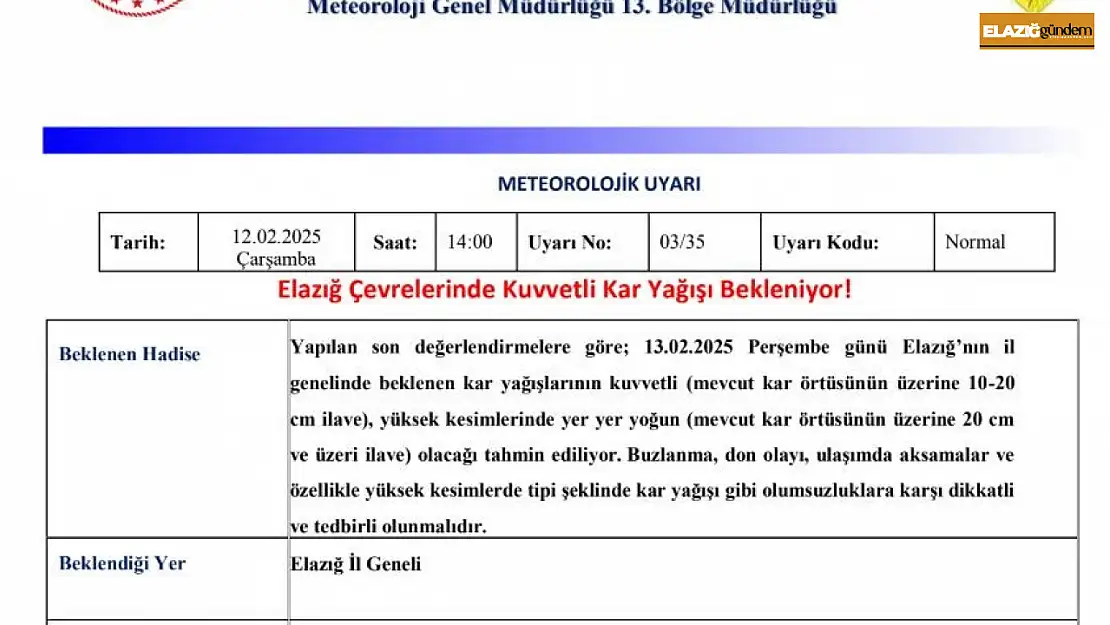 Meteorolojiden Elazığ için kuvvetli kar uyarısı