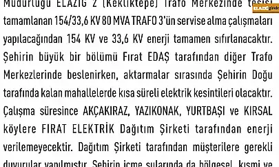 Elazığ'da elektrik kesintisi yaşanacak