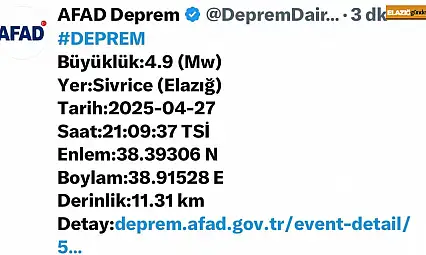 Elazığ'da 4,9 büyüklüğünde deprem