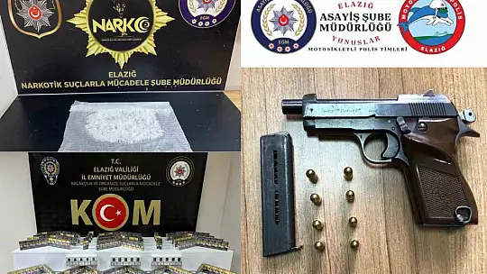 Elazığ'da asayiş uygulaması: Uyuşturucu madde, kaçak sigara ve ruhsatsız silah ele geçirildi