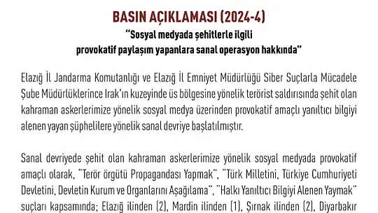 Elazığ'da provokatif paylaşım yapan 2 kişi yakalandı