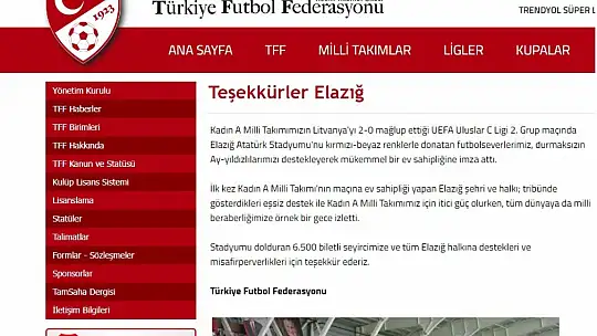 TFF'den Elazığ'a övgü ve teşekkür