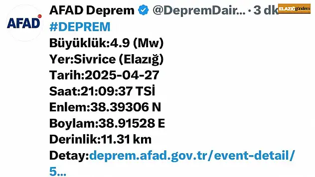 Elazığ'da 4,9 büyüklüğünde deprem