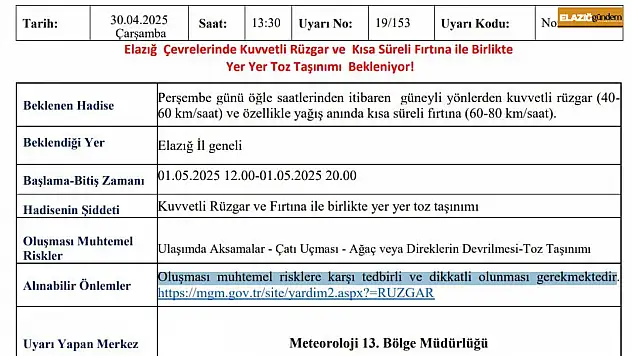 Meteorolojiden Elazığ'a kuvvetli rüzgar ve fırtına uyarısı